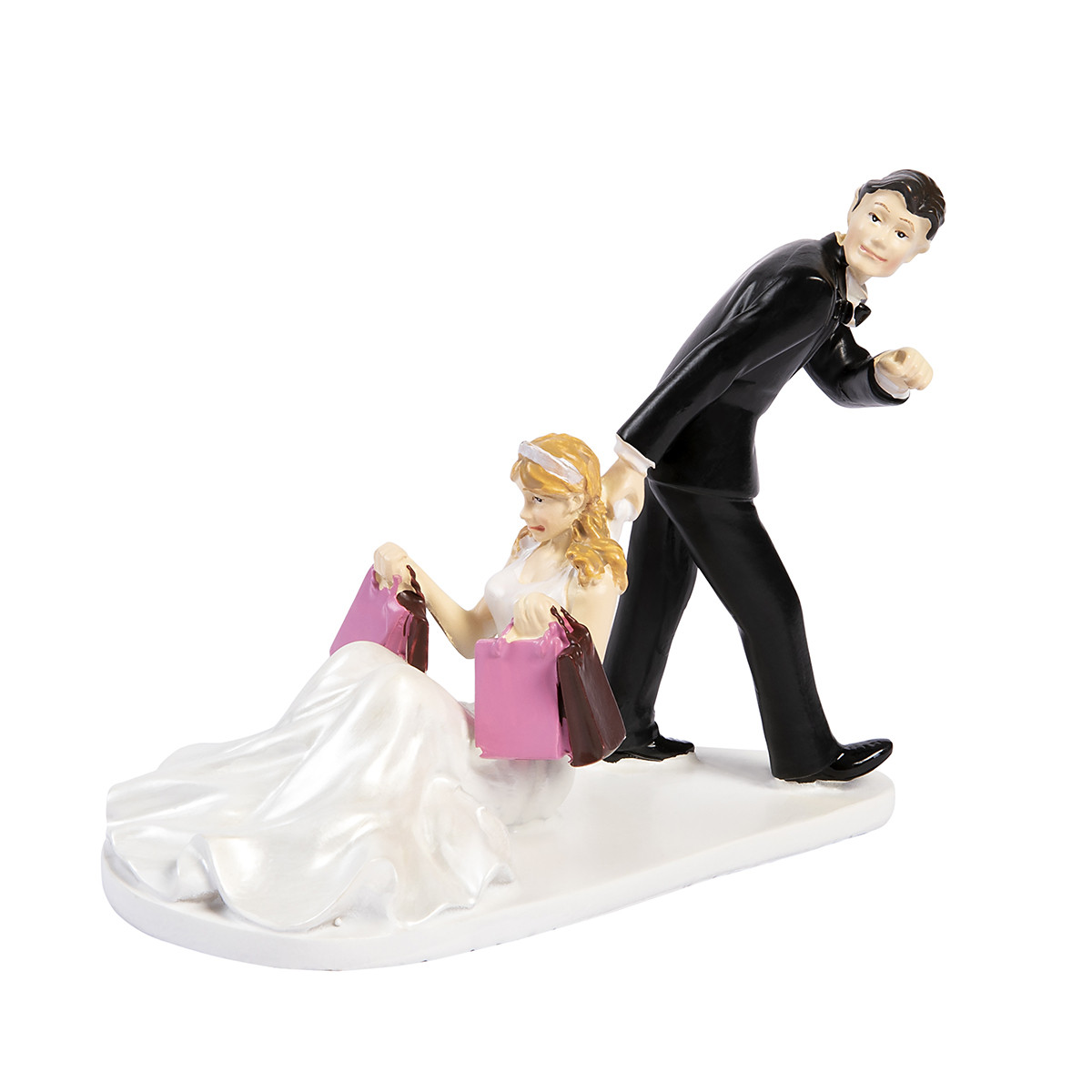 Cake topper Wedding Couple Shopping Dragging Polystone 9cm**
